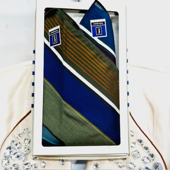 New Set of 2 Men Yves Saint Laurent Handkerchiefs Blue Green 17" x17"(S87 - Picture 11 of 13